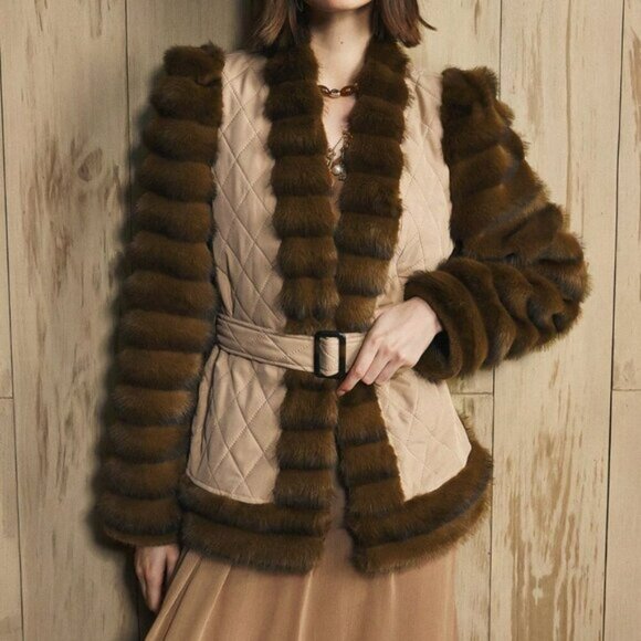Khaki Casual Women's Quilted Fluffy Coat with Fake Fur - Picture 7 of 9